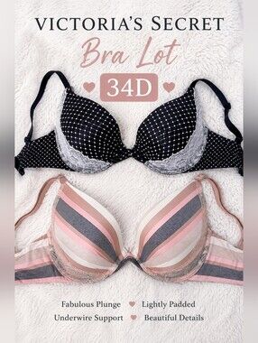 Victoria's Secret 34D Fabulous Plunge Bra Lot Pink Stripe & Black Polka Dot Lace